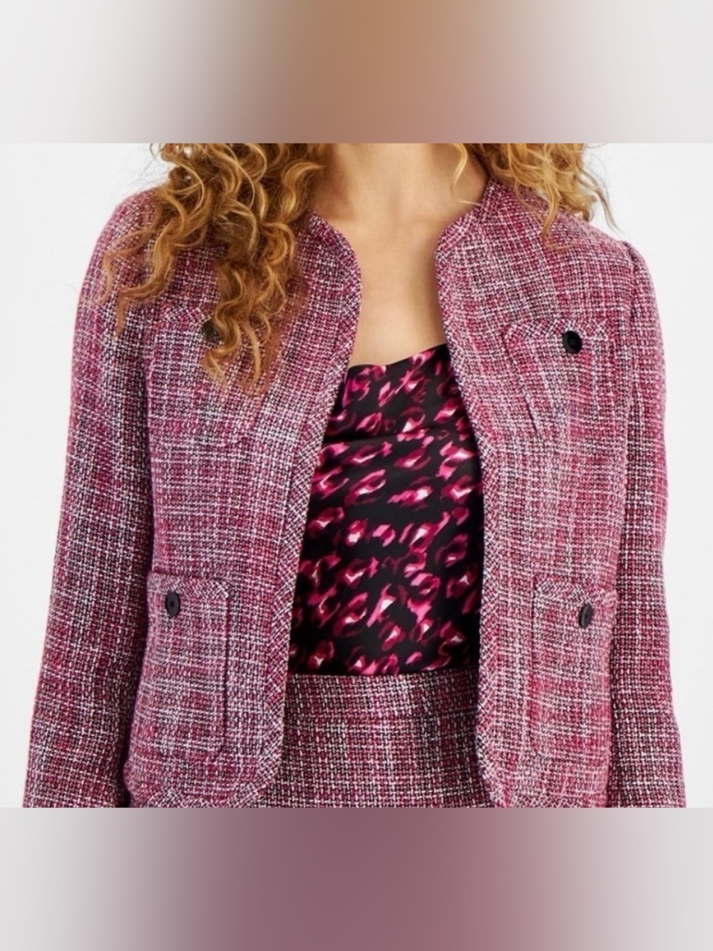 BAR III Women’s Large Textured Tweed Blazer Jacket — Pink Burgundy Berry
